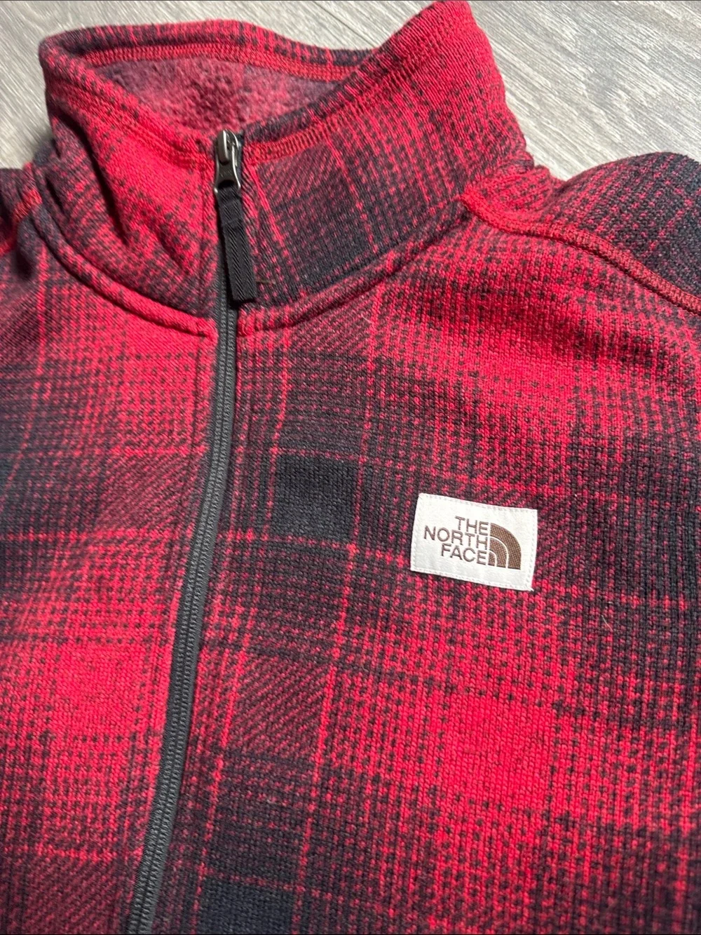 The North Face Men’s Red and Black Plaid Quarter-Zip Fleece